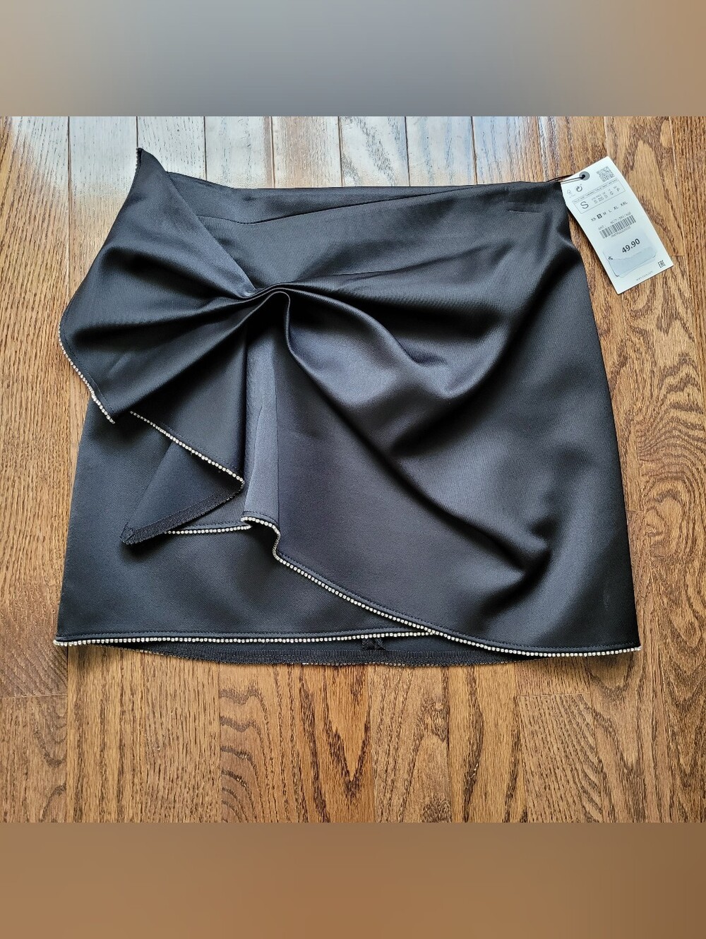 Zara Black Satin Mini Skirt with Draped Twist and Crystal Trim